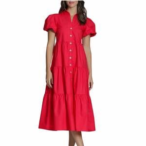 NEW APNY women's long tiered dress with puff sleeve in red